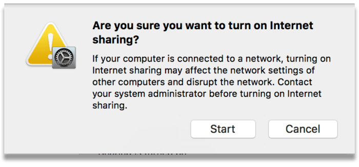 The internet sharing confirmation message on Mac