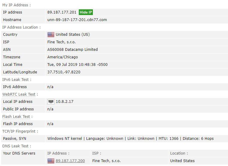 Screenshot of browserleaks.com test results for NordVPN