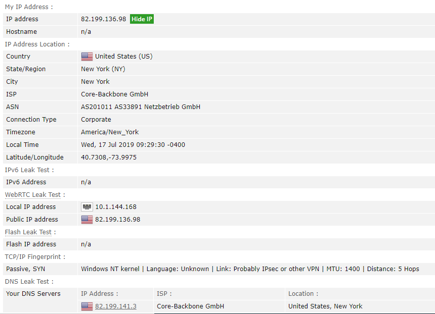 Screenshot of browserleaks.com leak test results while connected to PureVPN