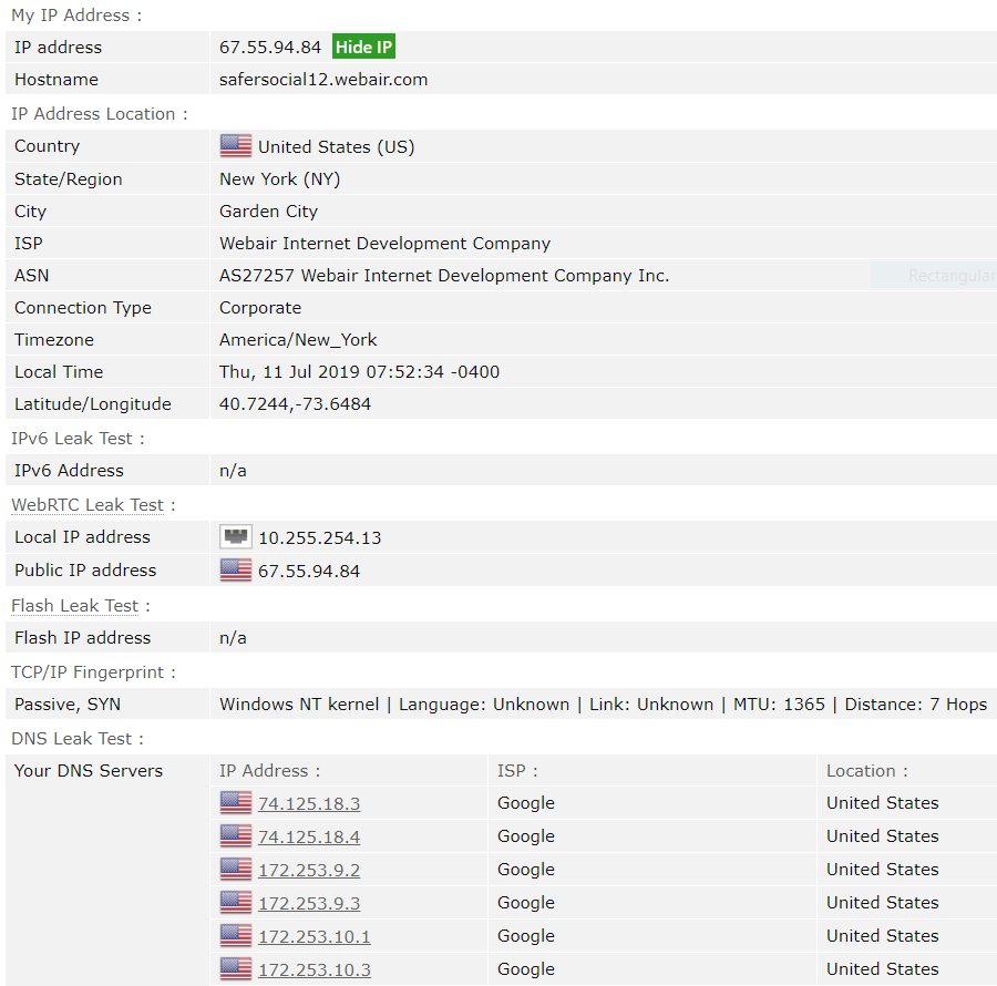 Screenshot of SaferVPN's leak test results on browserleaks.com
