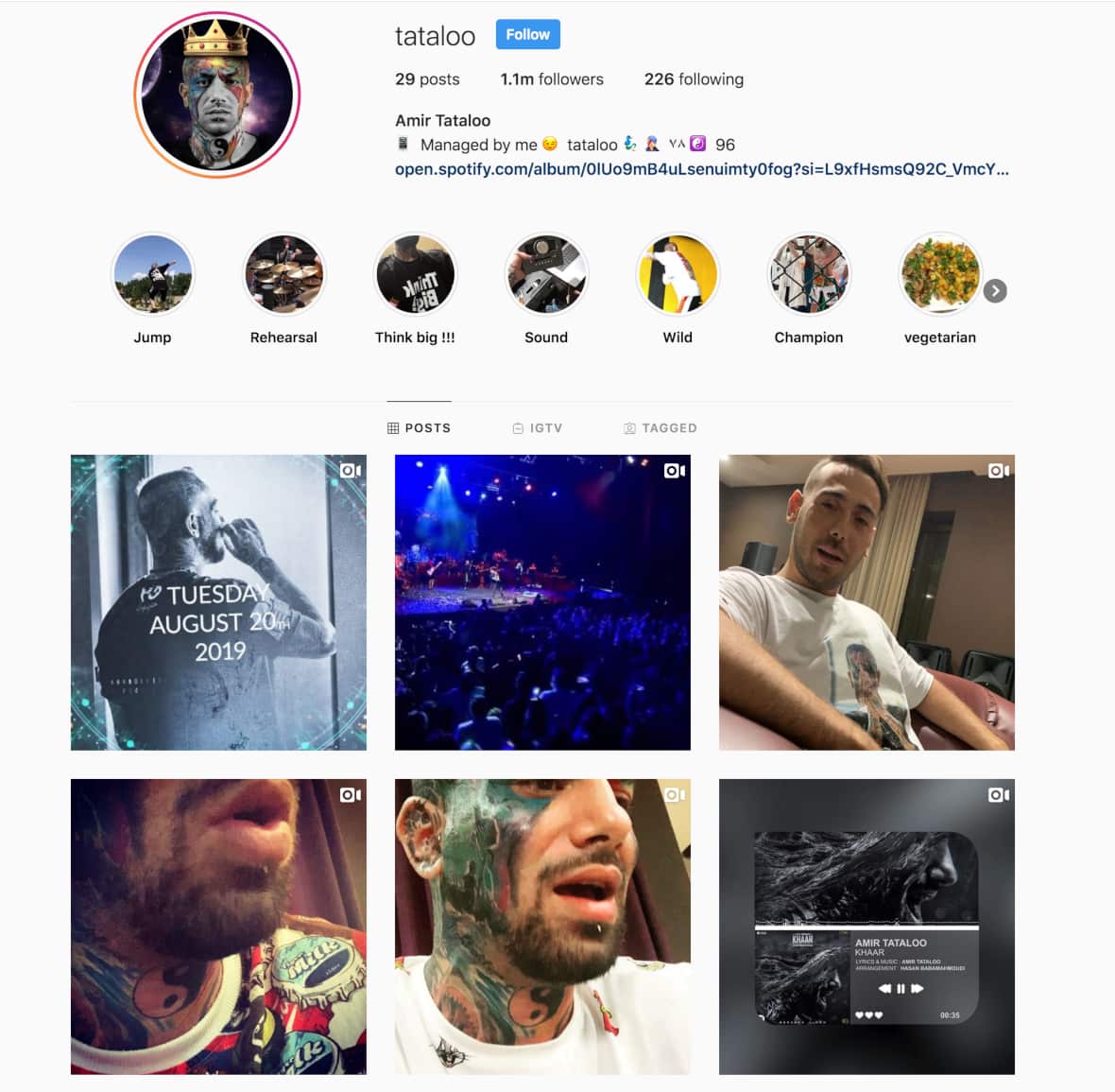 Instagram profile page of Iranian rapper Tataloo