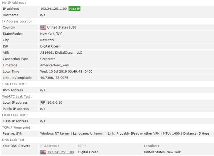 Screenshot of TunnelBear's leak test results using browserleaks.com
