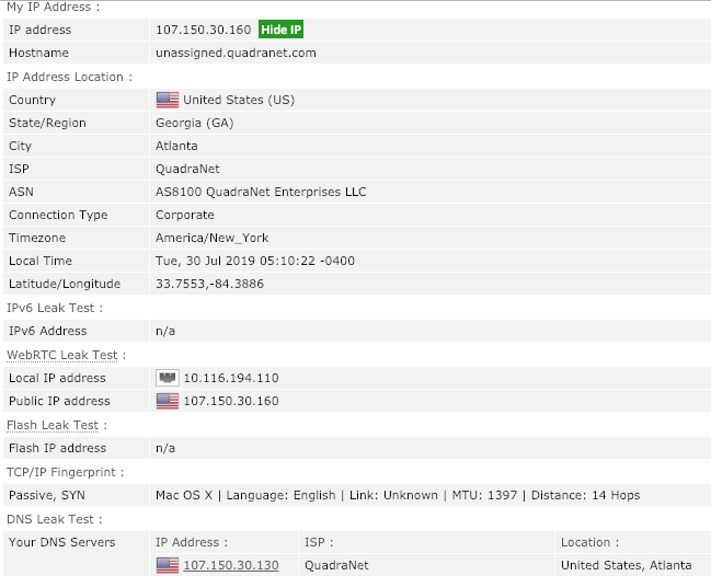 Screenshot of Windscribe Free's leak test results on browserleaks.com
