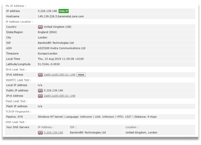 Screenshot of Avira Phantom Free's IP leak test results