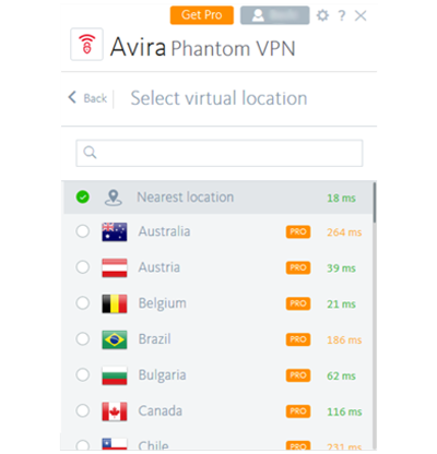 Screenshot of the server locations list in Avira Phantom's free VPN app
