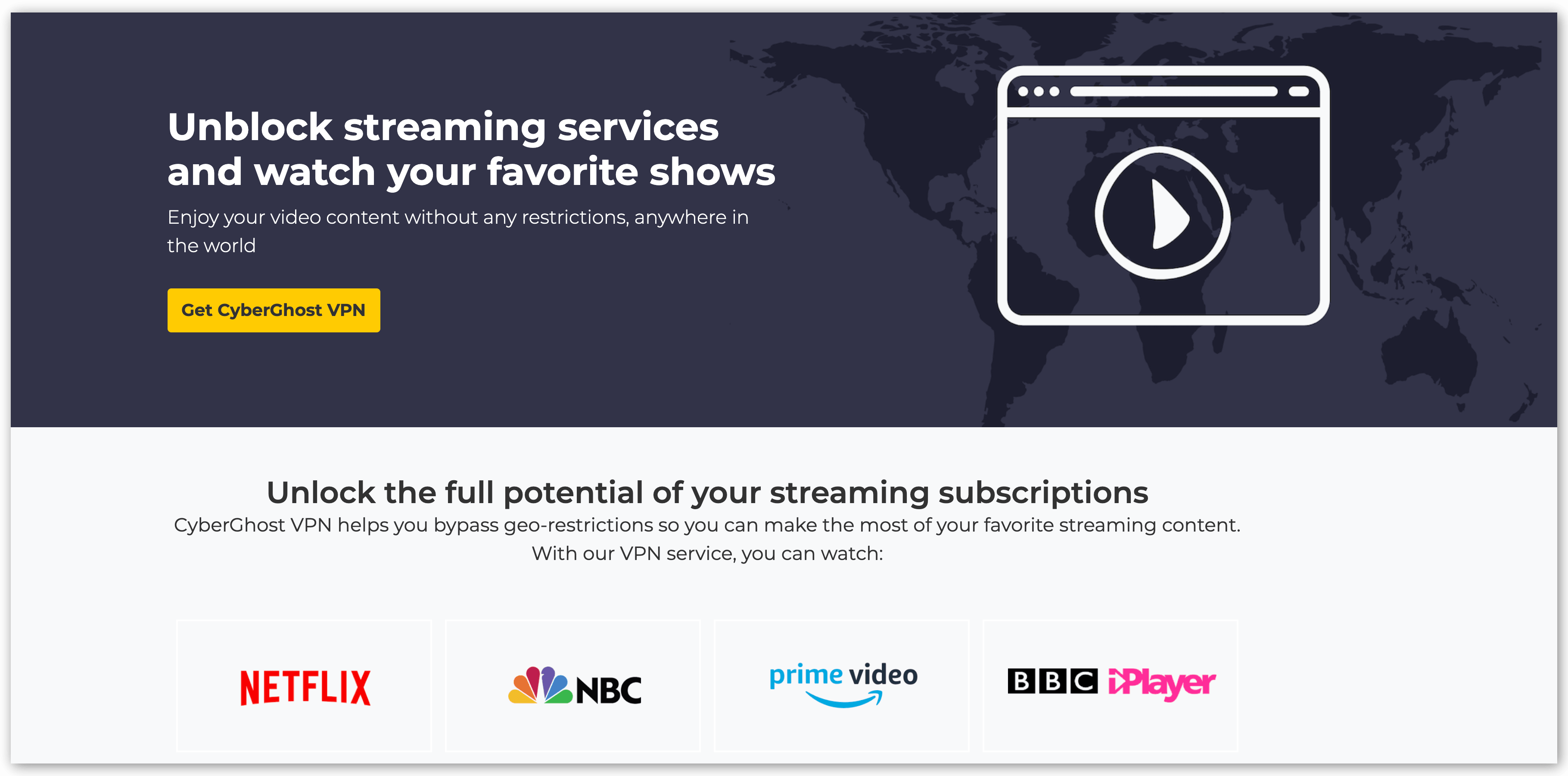 Screenshot from CyberGhost Website of Streaming Information