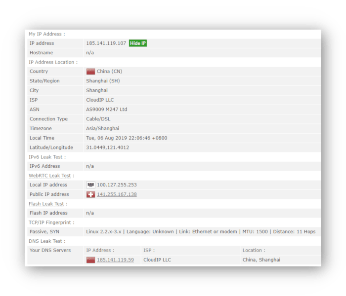 Prueba de fugas de Hotspot Shield con una conexión a un servidor VPN chino