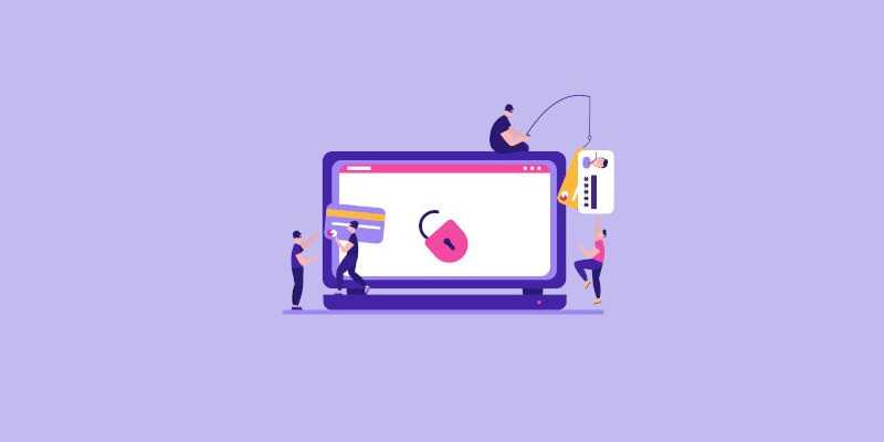 Illustration of hackers stealing credit card and identity, with a unlocked padlock on the computer screen