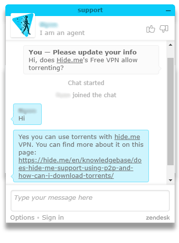 Conversa no chat ao vivo com a Hide.me sobre torrent