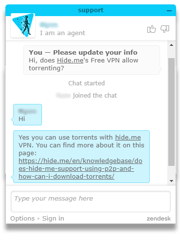 Conversación de chat en vivo con Hide.me sobre torrenting
