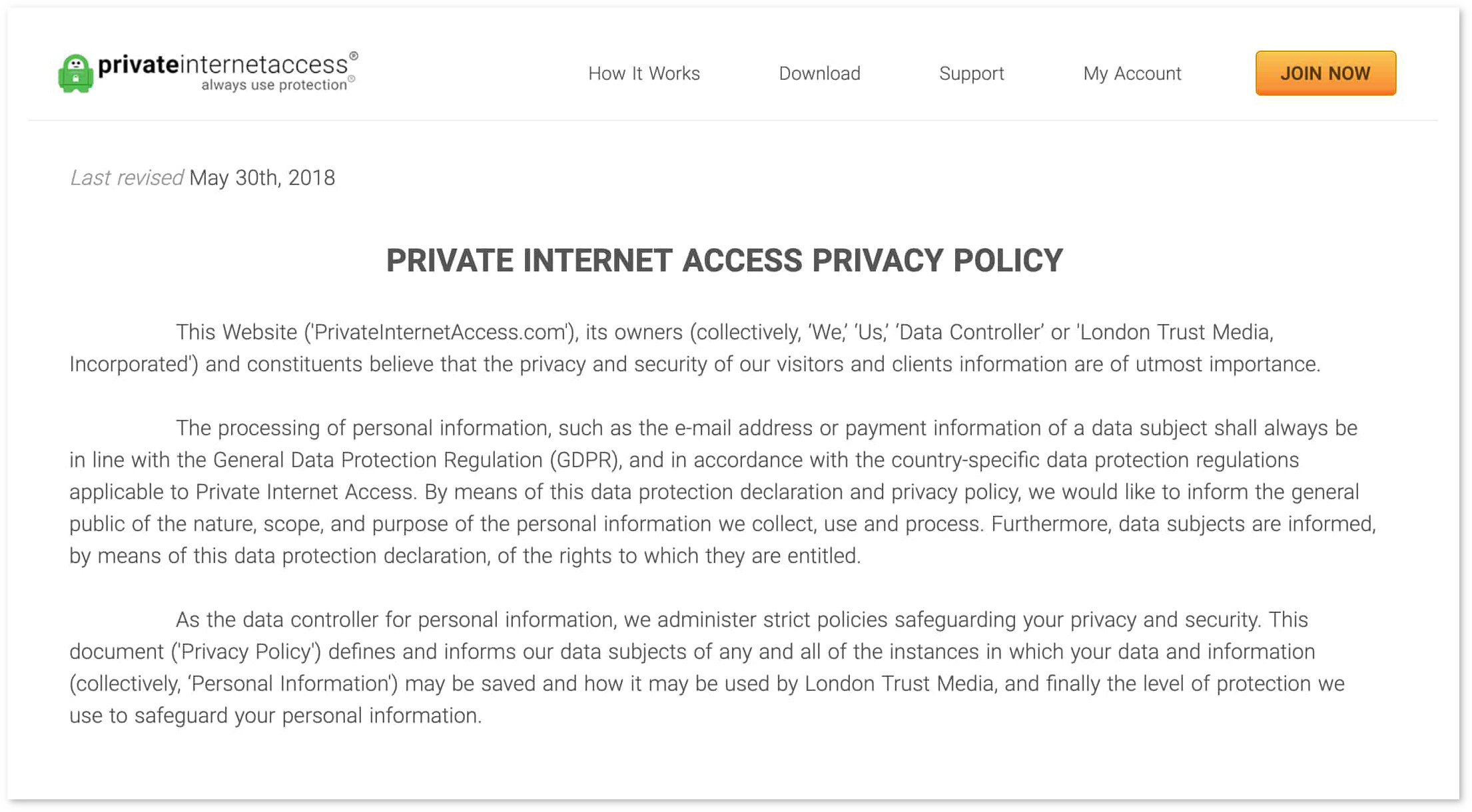 Screenshot of Private Internet Access privacy policy