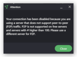 P2P warning pop-up on ProtonVPN Free app