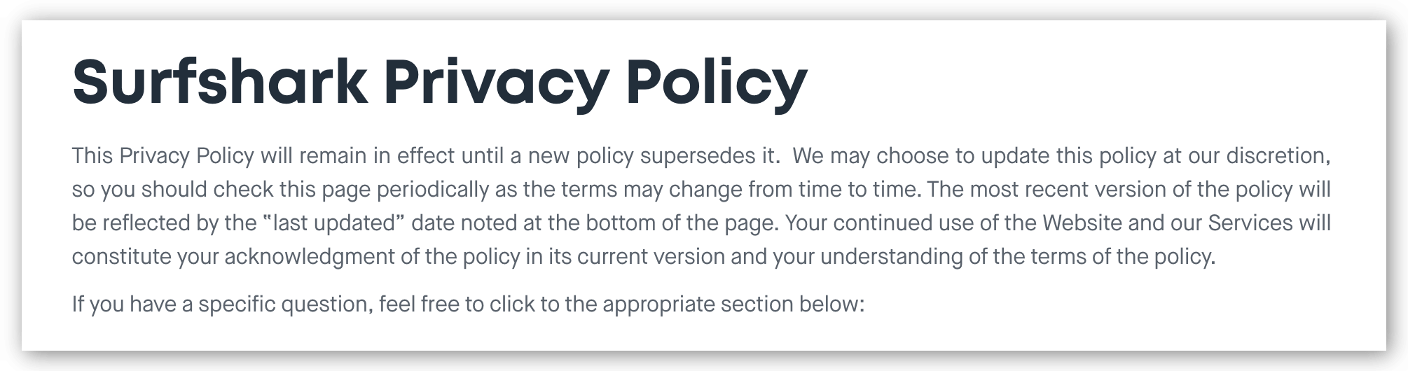 Screenshot of Surfshark Privacy Policy
