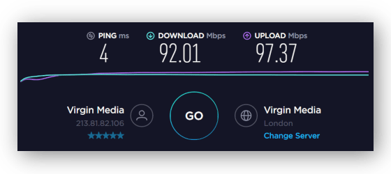 Screenshot of speed test with no VPN connection