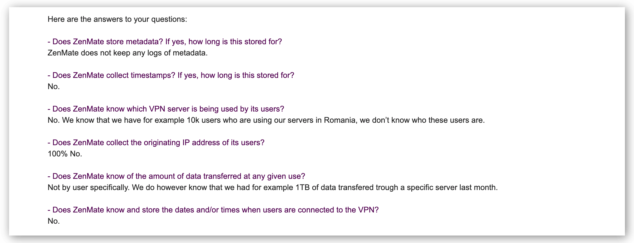 Screenshot of email exchange with ZenMate