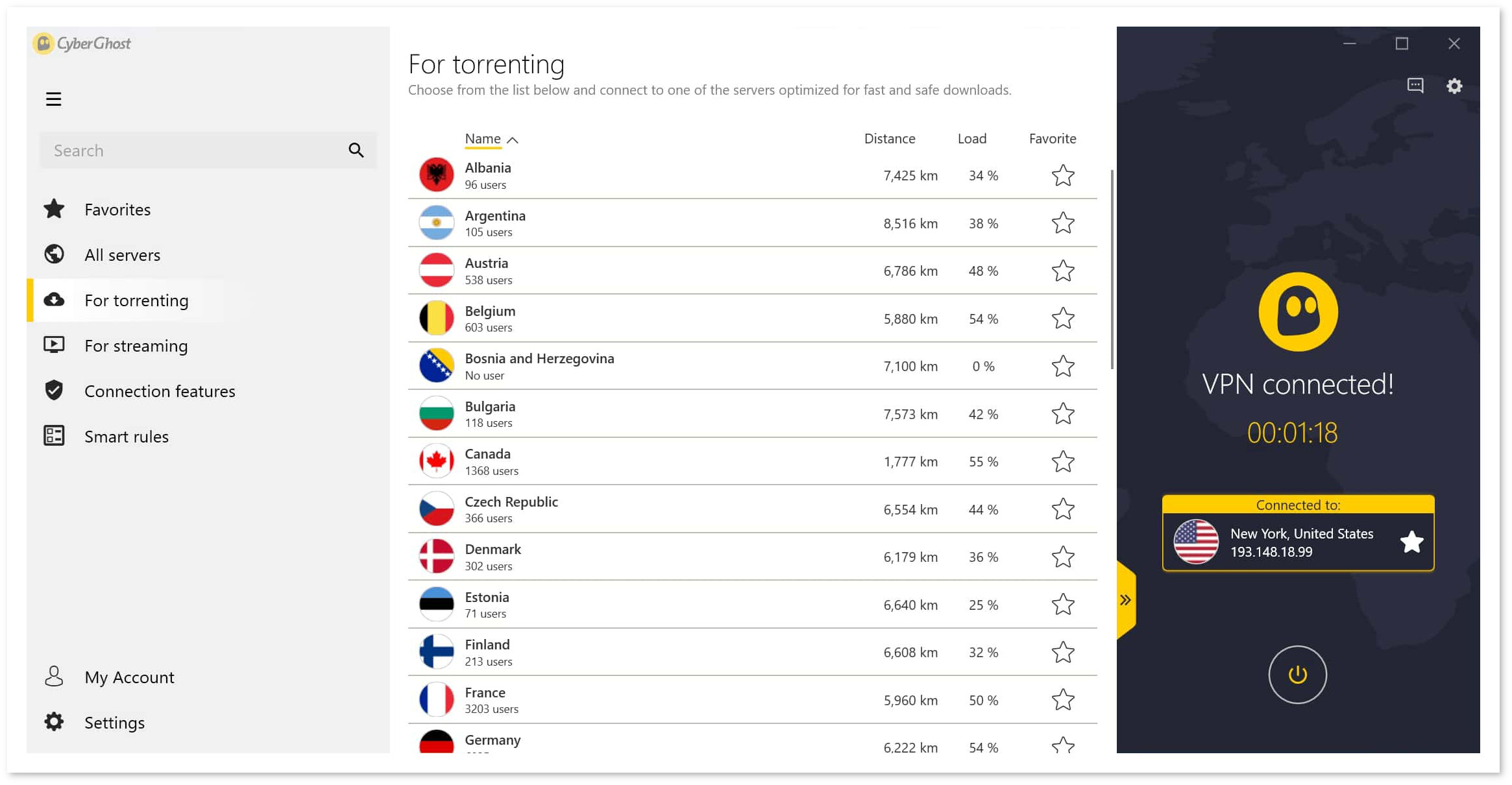 Screenshot of CyberGhost Torrenting Servers