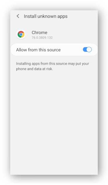 Captura de pantalla de los ajustes para instalar aplicaciones desconocidas