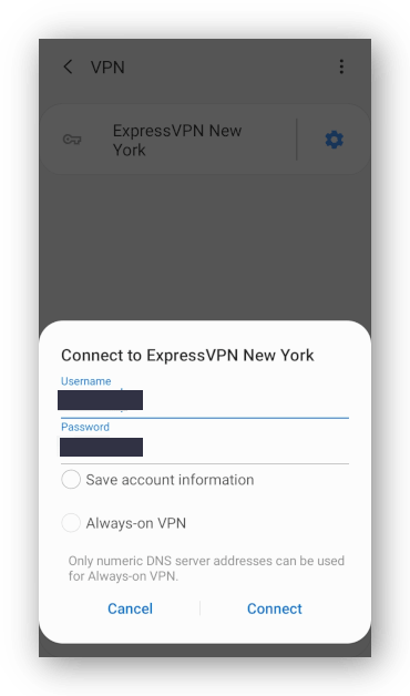 Screenshot of ExpressVPN manual Android log in