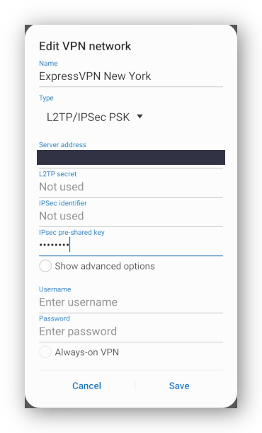 Screenshot of Android built-in VPN edit profile