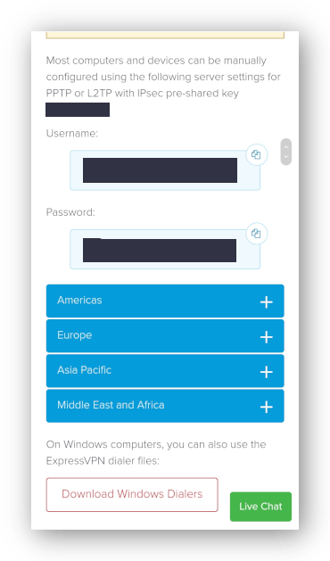 Screenshot of ExpressVPN L2TP manual config username and password