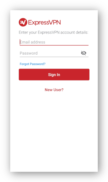 ExpressVPN Android app log in page