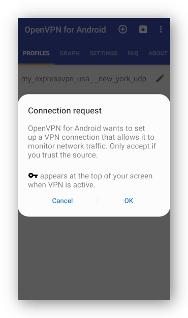 Capture d'écran de la demande de connexion VPN dans l'application OpenVPN pour Android.