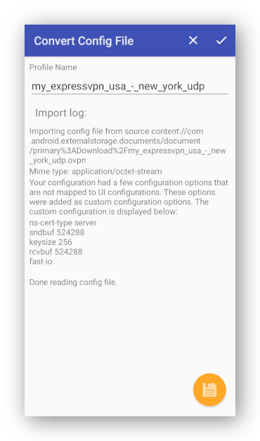 Screenshot of ExpressVPN config file in OpenVPN for Android app