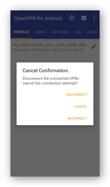 Screenshot of disconnect message on OpenVPN for Android