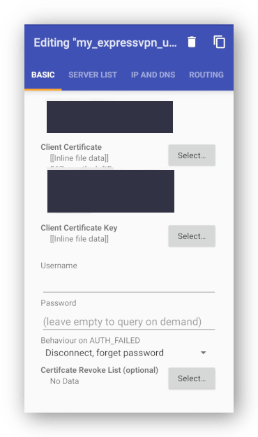 Captura de pantalla de la configuración del archivo OpenVPN de ExpressVPN para Android