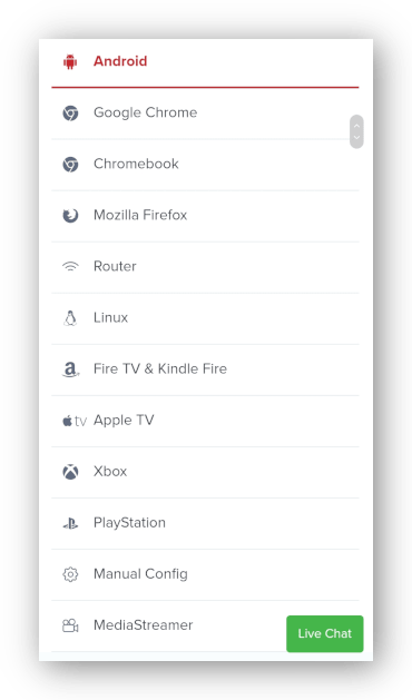 Screenshot of ExpressVPN various set ups list