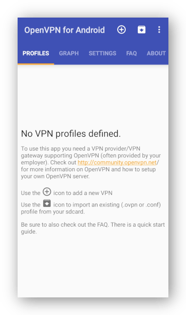 Screenshot of OpenVPN for Android app with no VPN profiles