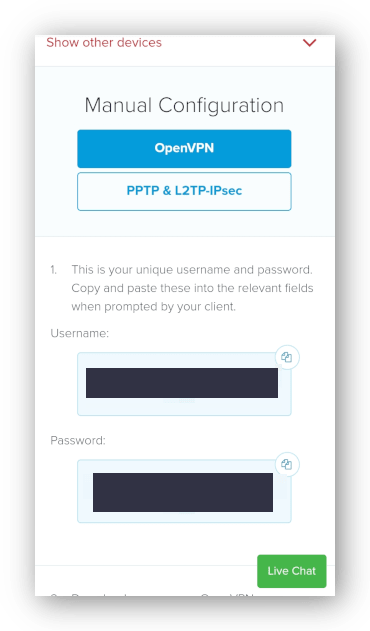 Screenshot of ExpressVPN manual config username and password