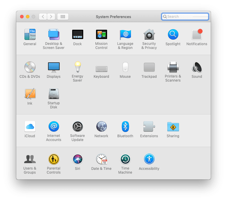 Screenshot of MacOS settings menu