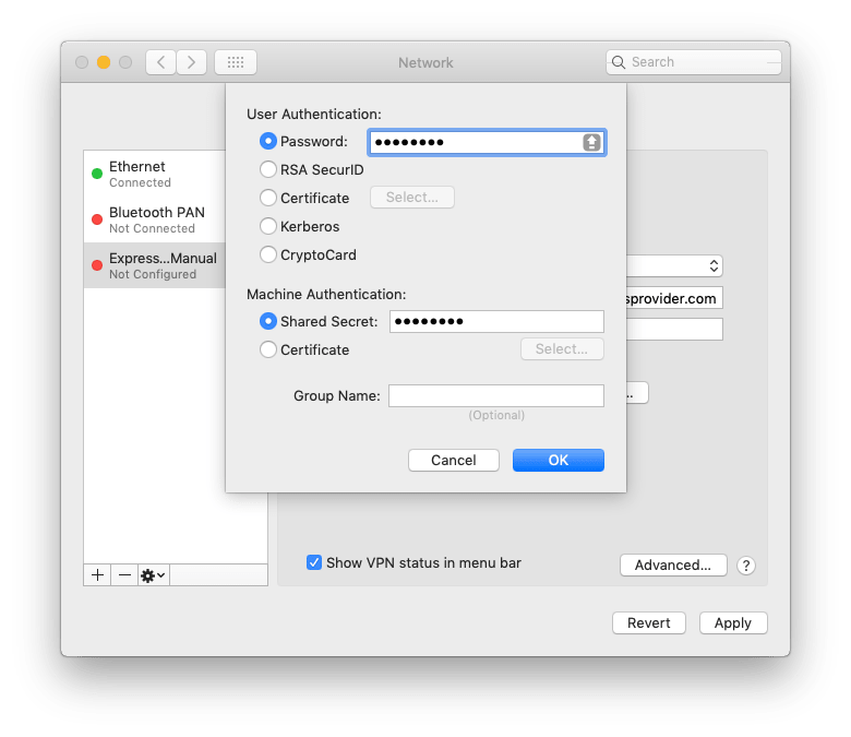 Screenshot of MacOS L2TP setup password