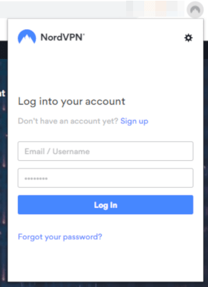 NordVPN Chrome browser extension log in screen