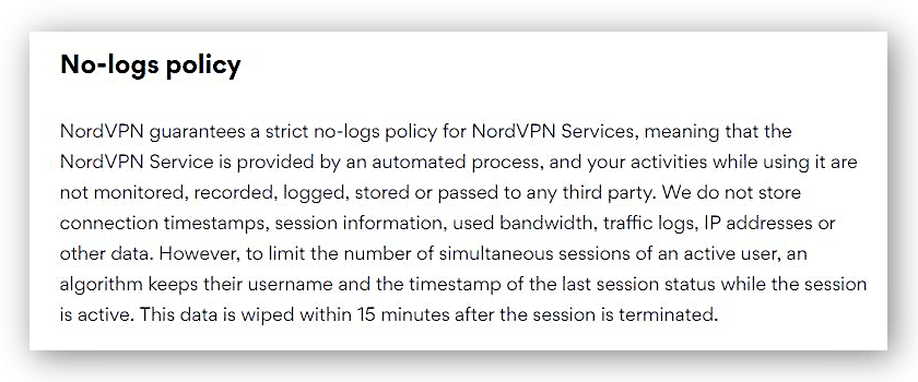 Zrzut ekranu polityki rejestrowania danych usługi NordVPN
