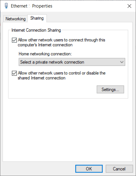 Captura de pantalla del panel para compartir la red en Windows