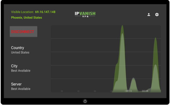The IPVanish homescreen on Amazon Fire TV Stick