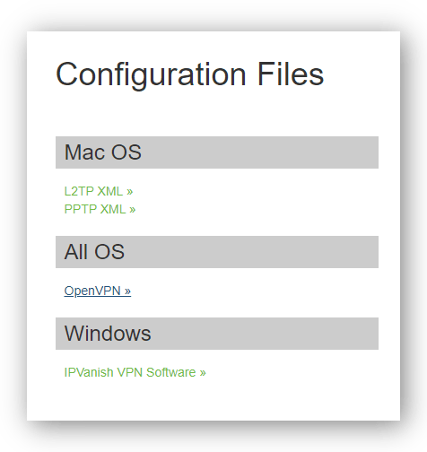Captura de pantalla de los archivos de configuración de OpenVPN para IPVanish
