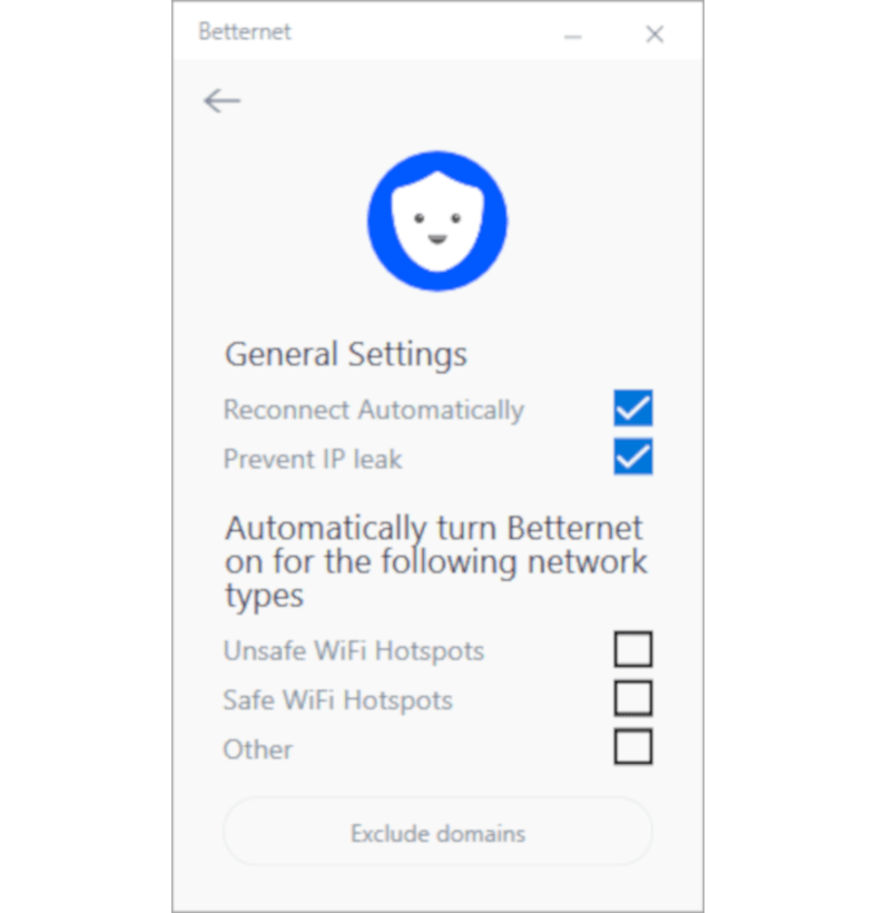 Screenshot of Betternet's settings menu