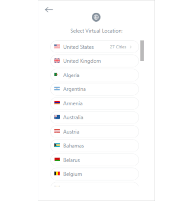 Screenshot of Betternet virtual locations list in the app