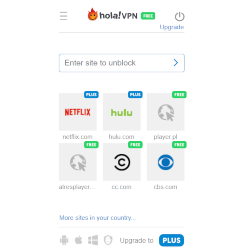 Screenshot of Hola VPN browser extension main screen