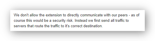 E-mail di Hola VPN in cui si afferma che non viene consentita la comunicazione diretta tra il software e i peer