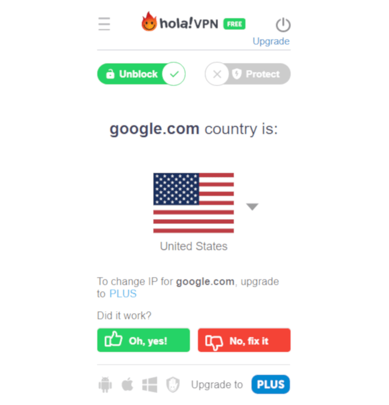 Screenshot of Hola VPN when connected