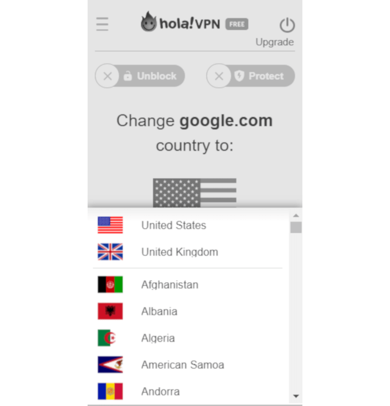Zrzut ekranu przedstawiający lokalizacje serwerów Hola VPN