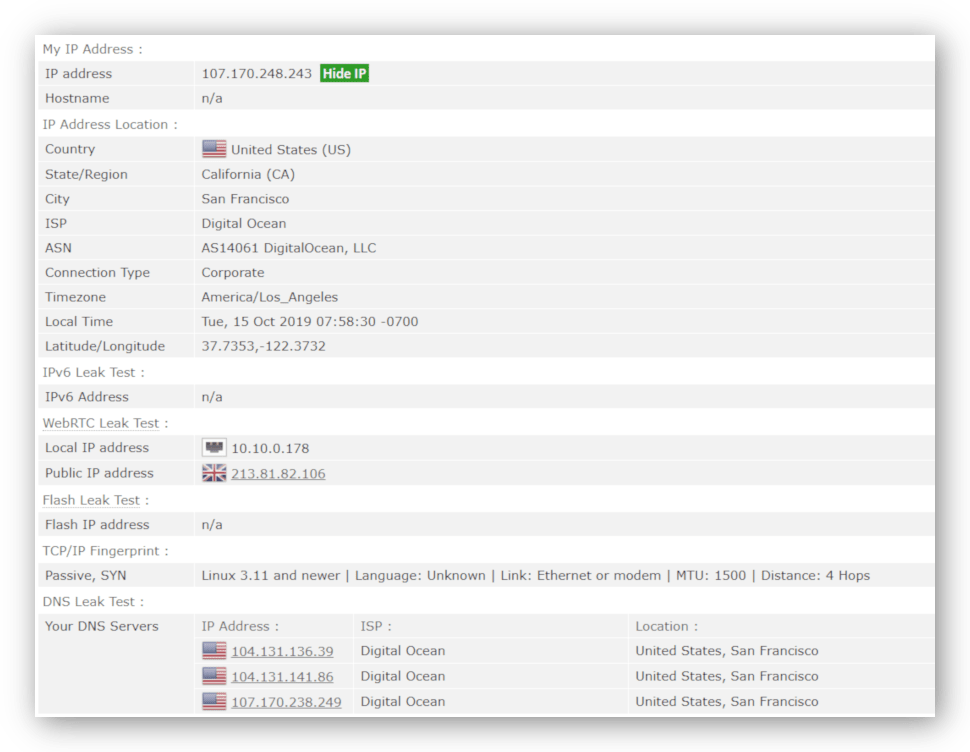 Captura de pantalla de una prueba de fugas que muestra que Hola VPN filtra las solicitudes de WebRTC