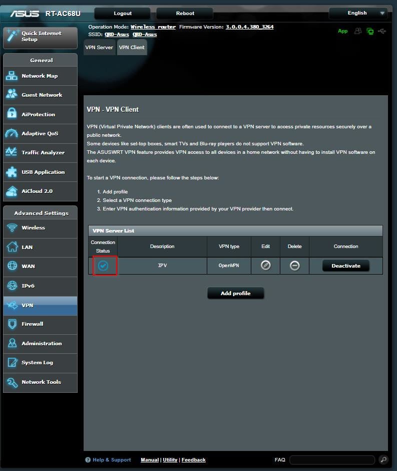 Captura de pantalla del router VPN ASUSWRT conectado