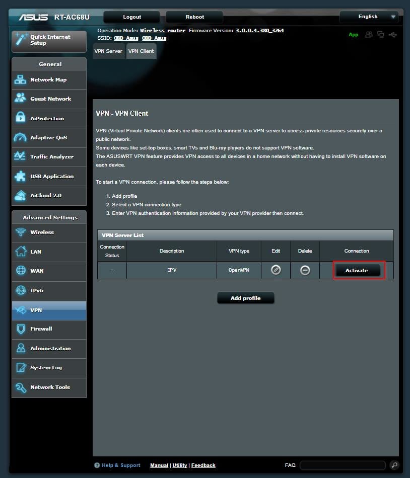 Captura de pantalla del botón de conexión del router VPN AUSWRT