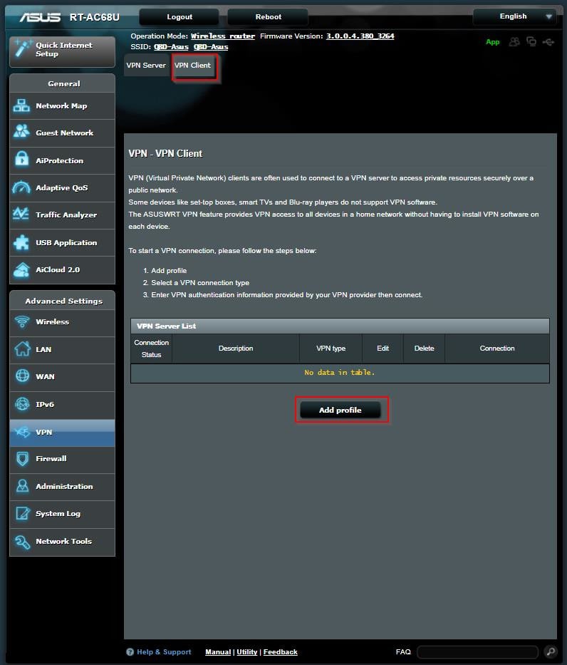 Captura de pantalla del perfil de router VPN ASUSWRT 