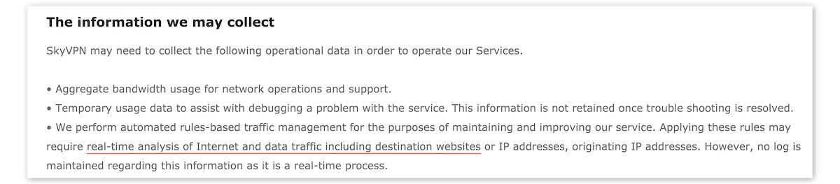 Captura de tela da política de privacidade do SkyVPN